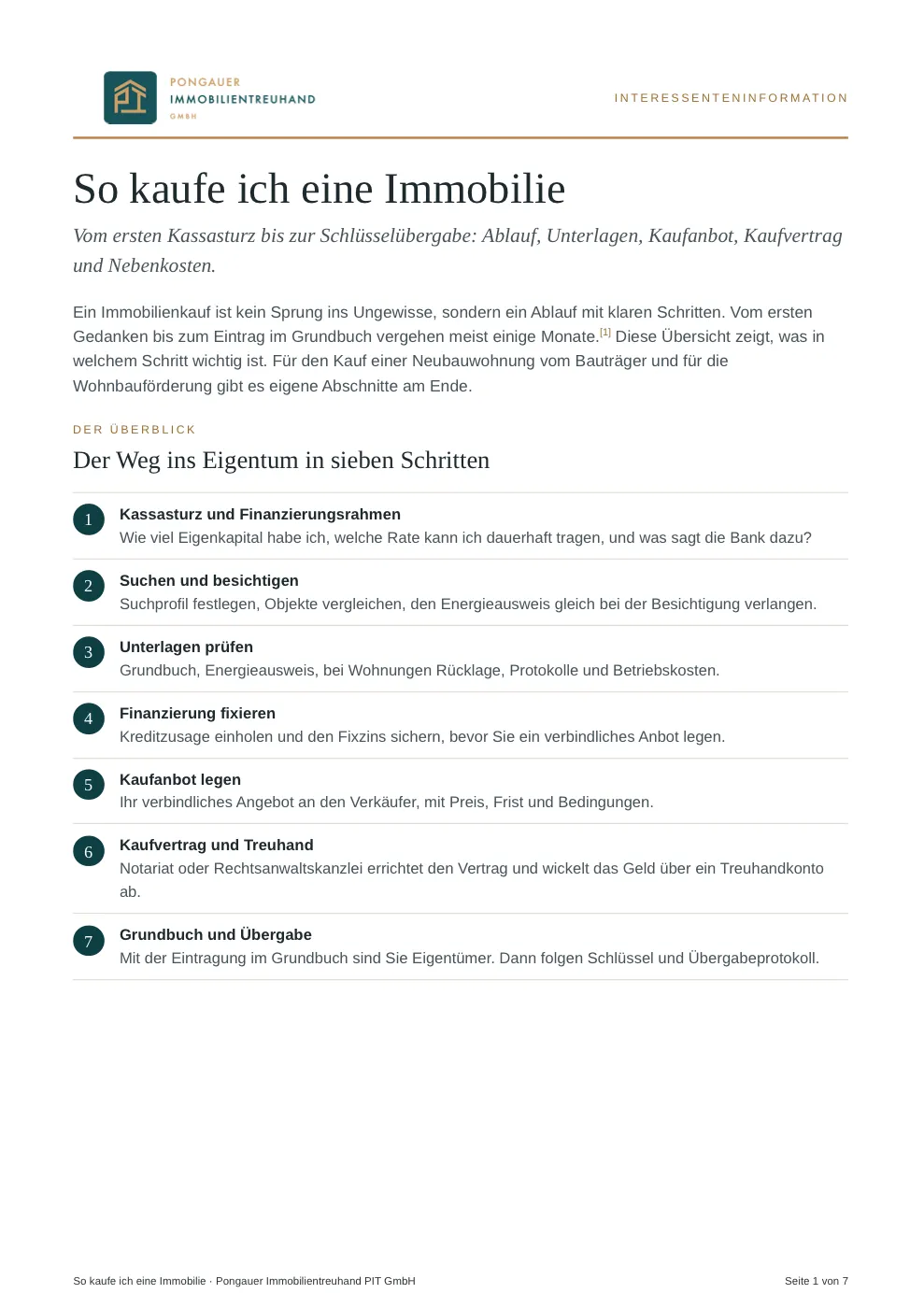 Titelseite des Kaufleitfadens „So kaufe ich eine Immobilie“ der Pongauer Immobilientreuhand mit dem Überblick über sieben Schritte
